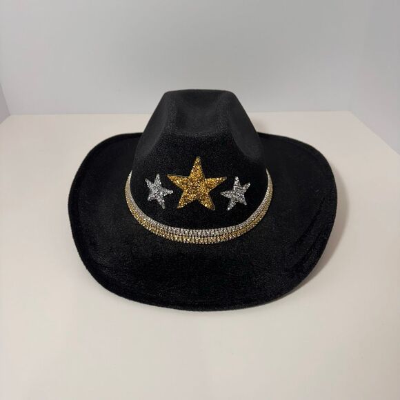 unbranded Accessories - Cowgirl Hat Rhinestone-Embellished Stars Black Cowboy Hat Gold Silver | Women
